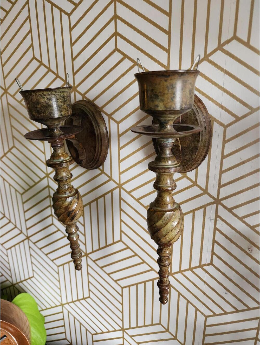 Vintage Pair Gatco Solid Enameled Brass Wall Sconce Candlestick Holders